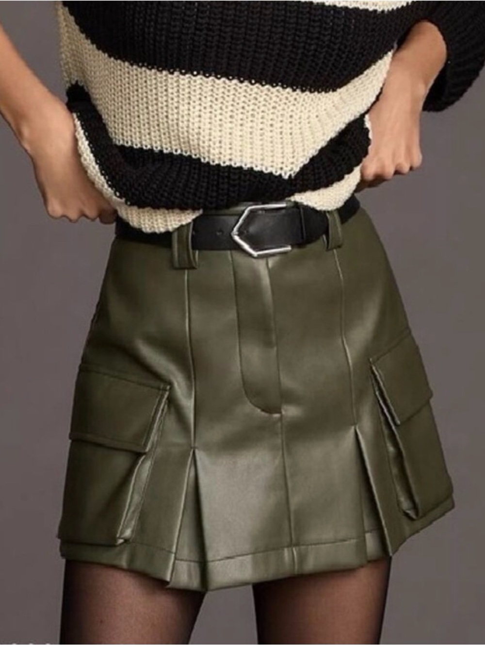 Olive Green Faux Leather Mini Skort